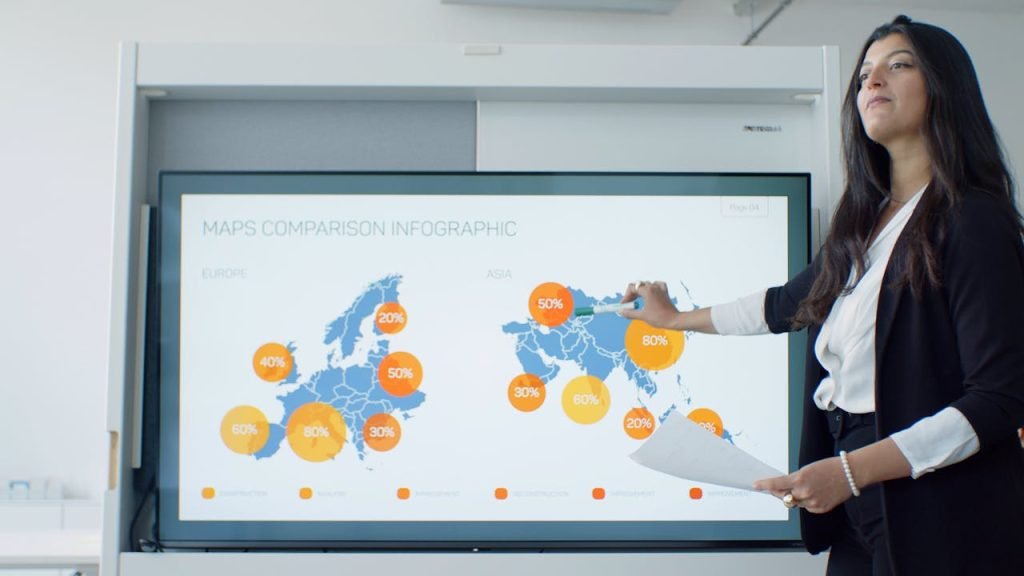 Professional woman explains map comparison infographic in modern office setting.